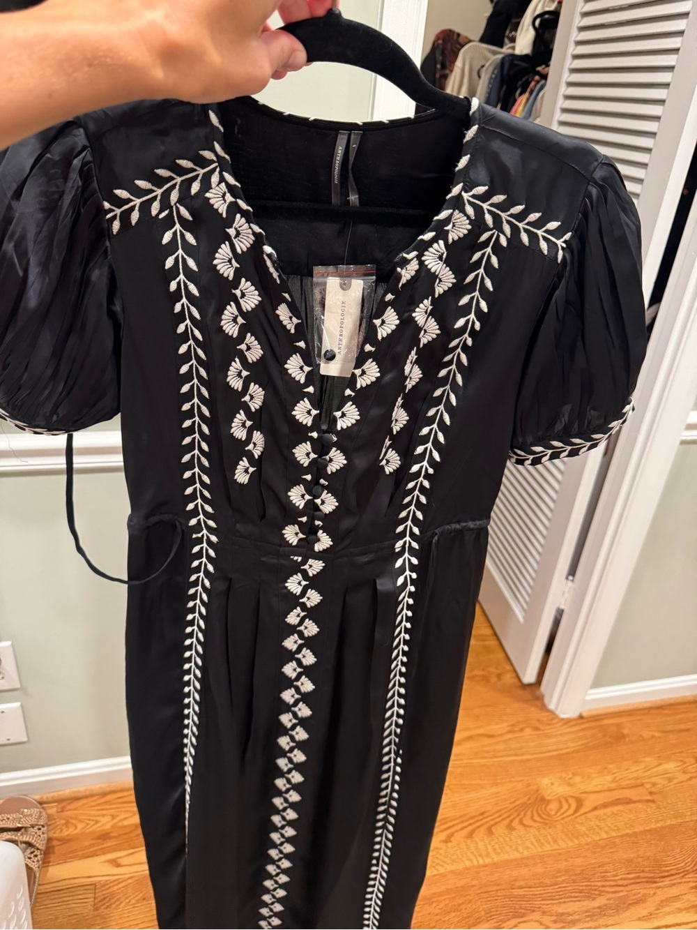 Anthropolgie Embroidered Black puff sleeve Midi Dress